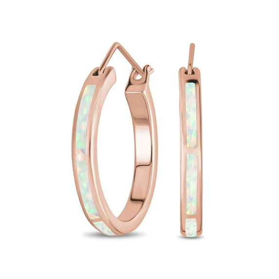 Bling Jewelry Womens Created White Blue Opal Inlay Hoop Huggie Earrings Rose Sterling Silver
