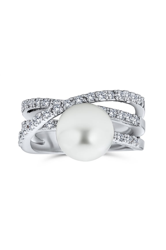Womens White Faux Pearl Cocktail Statement Ring Pave CZ Criss Cross Band Silver Plated