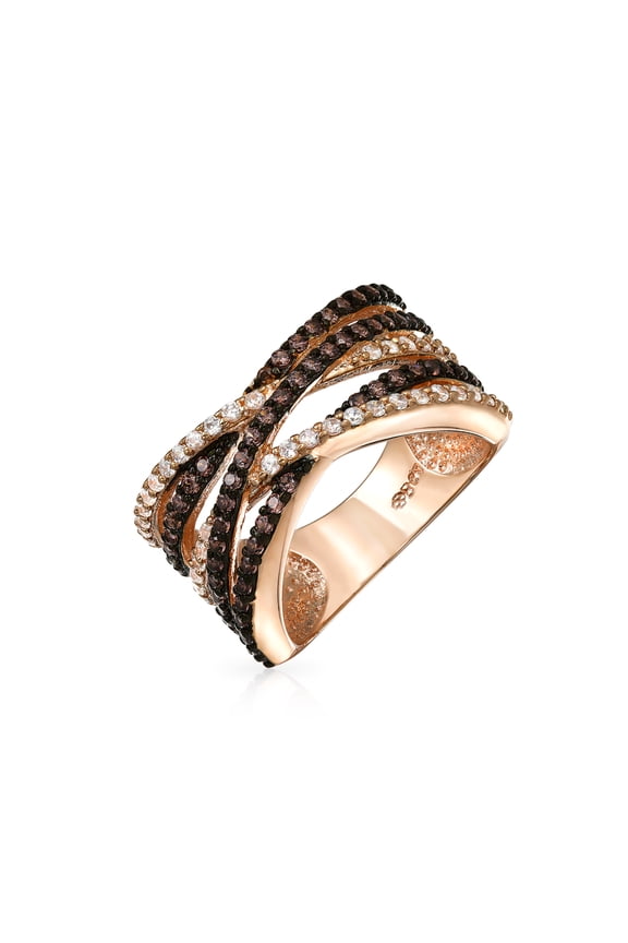Womens Crossover Statement Ring Two Tone Brown Black Pave CZ Rose Silver Plated Band