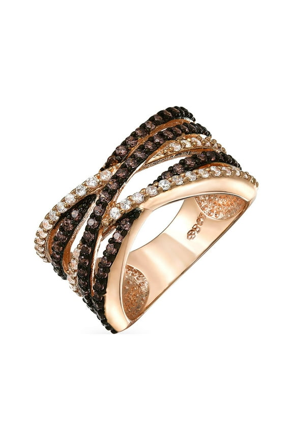 Womens Crossover Statement Ring Two Tone Brown Black Pave CZ Rose Silver Plated Band