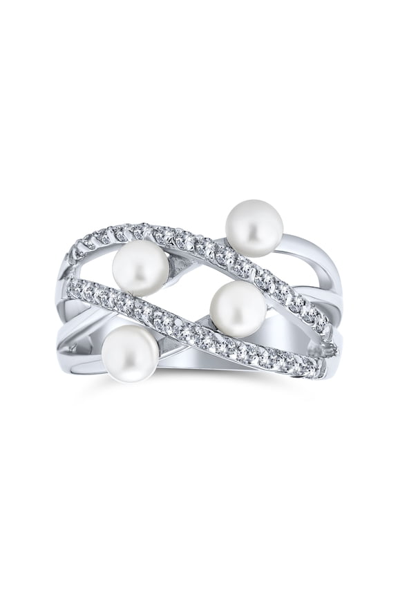 Womens Crossover Criss Cross Silver Ring White Simulated Pearl Fashion Statement Style