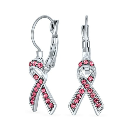 Bling Jewelry Womens Crystal Pink Breast Cancer Awareness Support Earrings Silver Plated