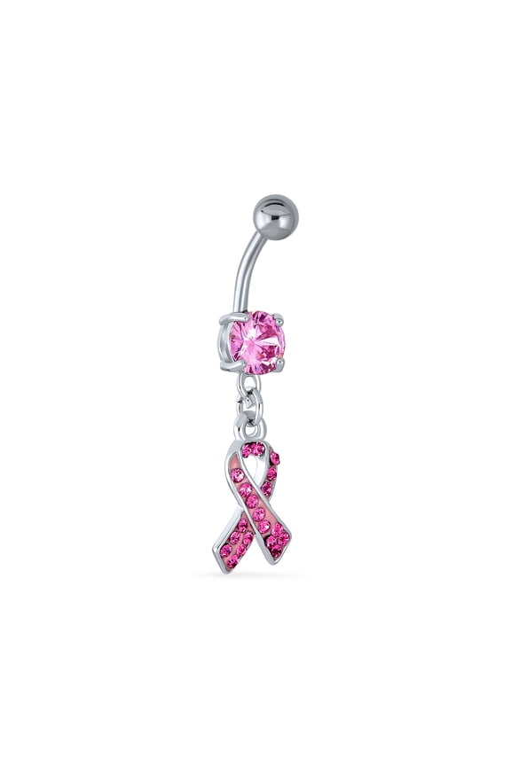 Womens Crystal Pink Ribbon Breast Cancer Survivor Belly Ring Bead Dangle Surgical Steel