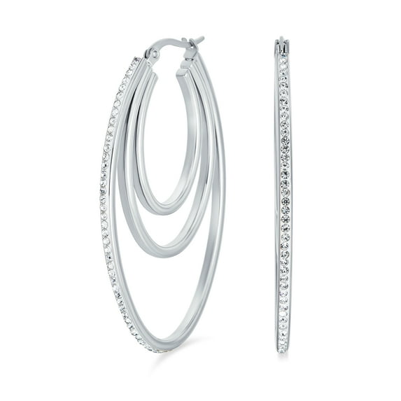 Bling Jewelry Womens Crystal Style Large Hoop Huggie Earrings Rose Silver Tone Stainless Steel