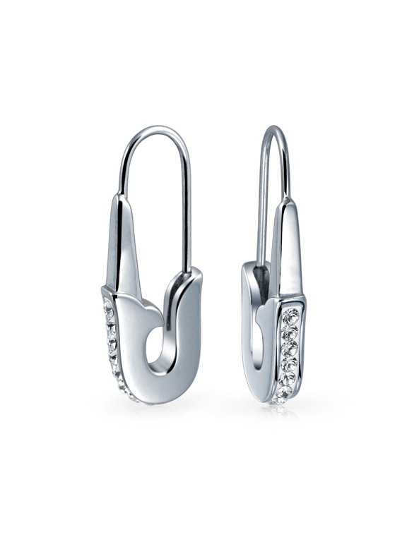 Womens Safety Pin Threader Earrings Crystal Accent Silver Tone Stainless Steel