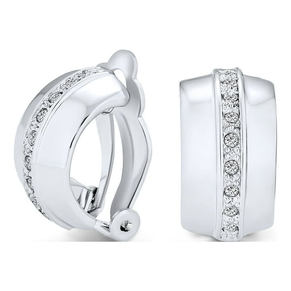 Bling Jewelry Womens Crystal Wide Half Hoop Clip-On Earrings Non-Pierced Silver