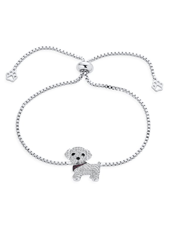 Womens Animal Pet Jewelry Dog Pave CZ Slide Bolo Bracelet Adjustable Silver Plated