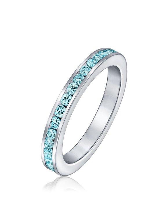 Womens Channel Set Birthstone Aqua CZ Eternity Band Ring Sterling Silver Stacking