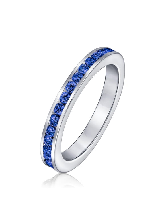 Womens Channel Set Birthstone Dark Blue CZ Eternity Ring Sterling Silver Stacking