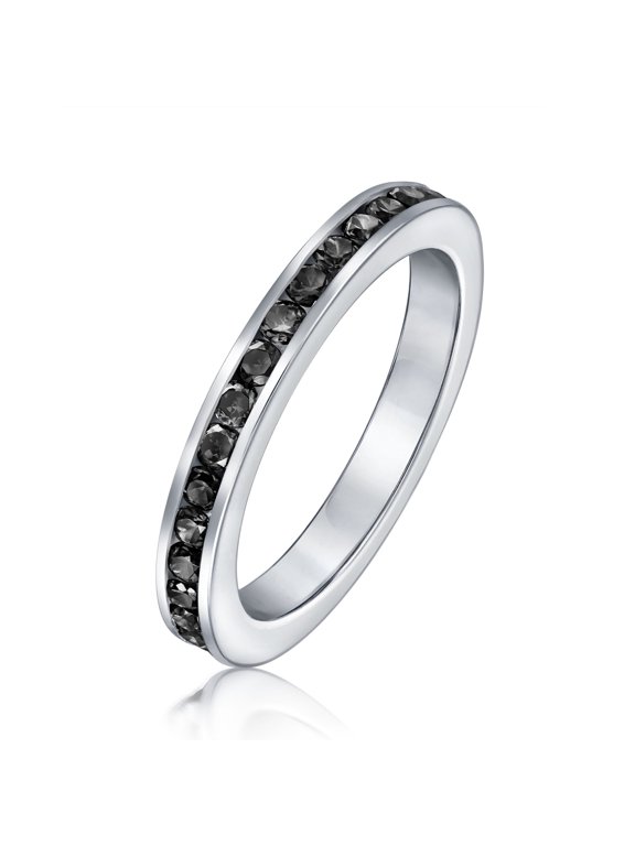 Womens Channel Set Birthstone Black CZ Eternity Band Ring Sterling Silver Stacking