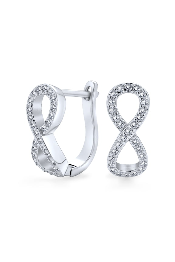 Womens Cubic Zirconia Pave CZ Love Knot Infinity Huggie Earrings Hinge Closure .925 Sterling Silver