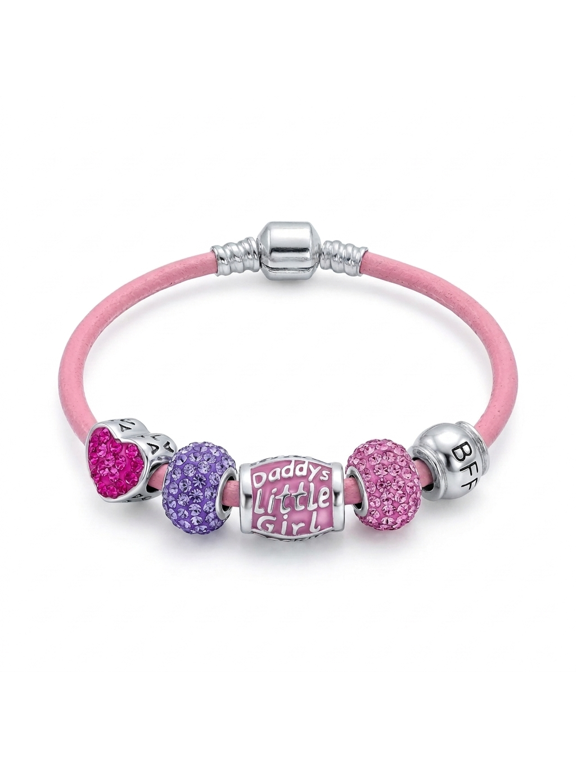 Womens "Daddys " Word Charm Bead Bracelet Pink Leather .925 Sterling Silver