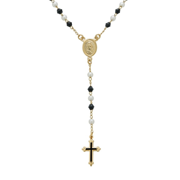 Bling Jewelry Womens Dainty Black White Pearl Virgin Mary Rosary Necklace Cross