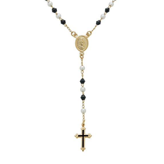 Bling Jewelry Womens Dainty Black White Pearl Virgin Mary Rosary Necklace Cross