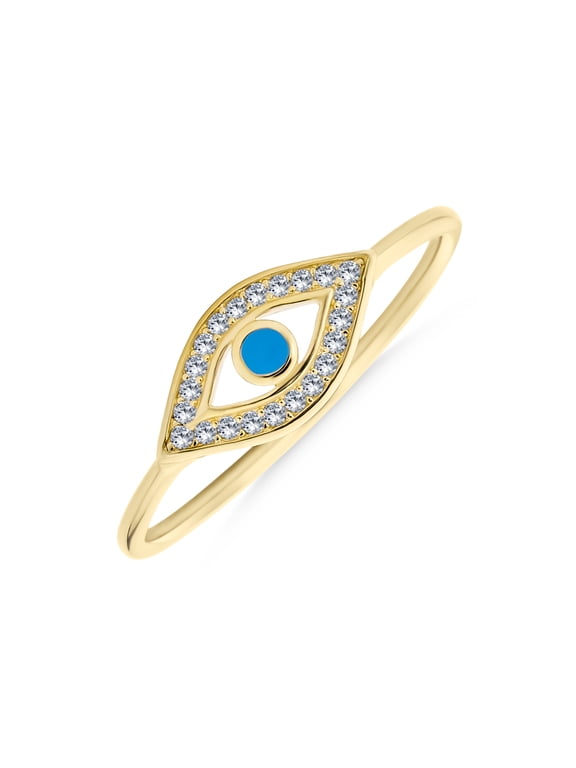 Womens Dainty Blue Evil Eye Band Ring CZ Halo Gold Plated .925 Sterling Silver