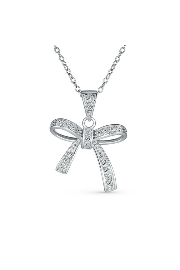Womens Dainty Bridal Necklace with Clear Cubic Zirconia Bow Pendant in Sterling Silver
