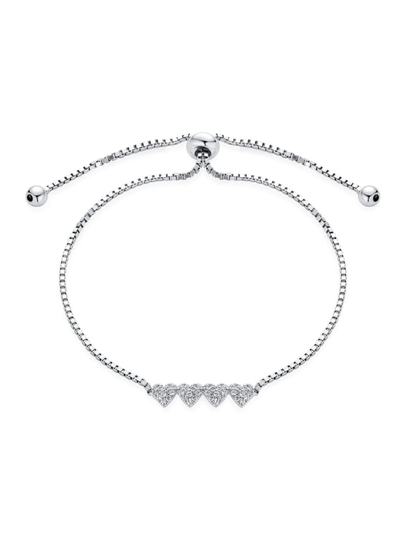 Womens Dainty Micro Pave CZ Hearts Bolo Bracelet Adjustable .925 Sterling Silver