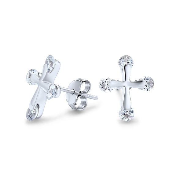 Bling Jewelry Womens Dainty CZ Stud Earrings with Petite Religious Cross for Men in Sterling Silver