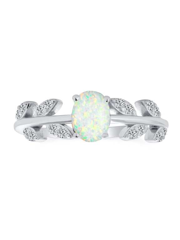 Womens White Oval Created Opal CZ Accent Leaf Ring Band .925 Sterling Silver