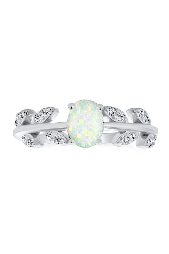 Womens Oval White Created Opal CZ Accent Cubic Zirconia Open Leaf Ring Sterling Silver