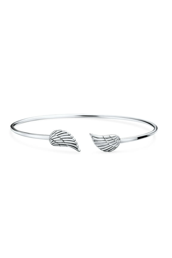 Womens Spiritual Delicate Thin Angel Wing Feather Bangle Cuff Bracelet Sterling Silver