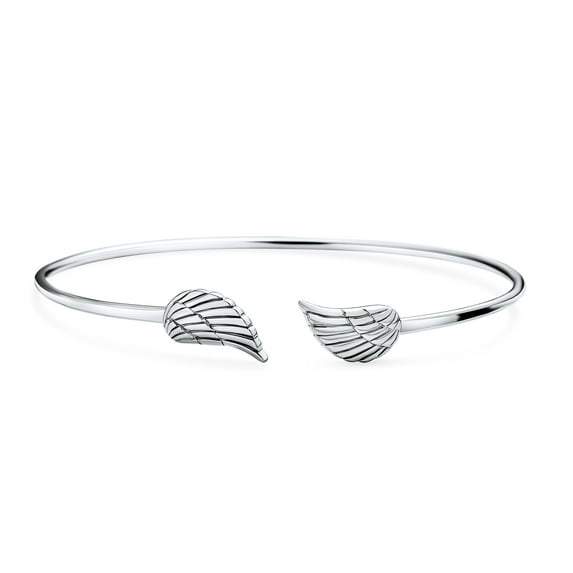 Bling Jewelry Womens Spiritual Delicate Thin Angel Wing Feather Bangle Cuff Bracelet Sterling Silver