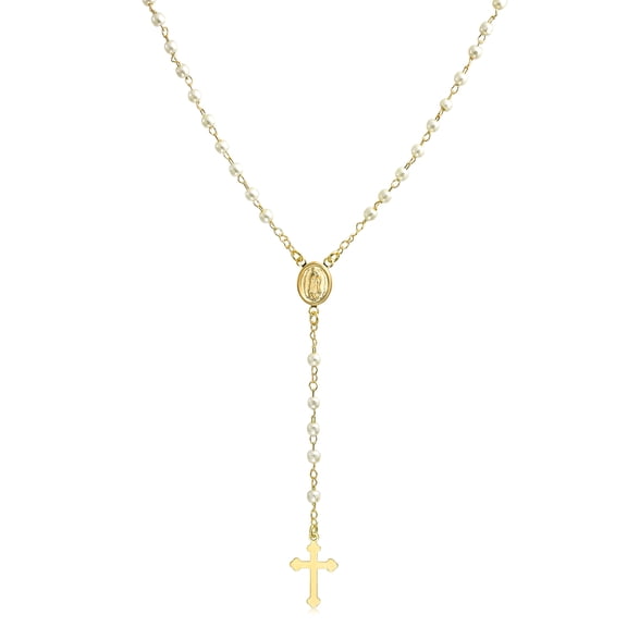 Bling Jewelry Womens Angel Medallion Cross Simulated Pearl Rosary Beads Necklace