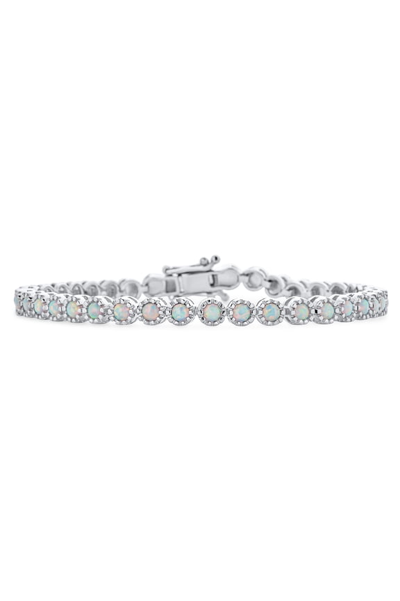 Womens White Opal Tennis Bracelet Sterling Silver Dainty Created Opal Milgrain October Birthstone 7 Inch