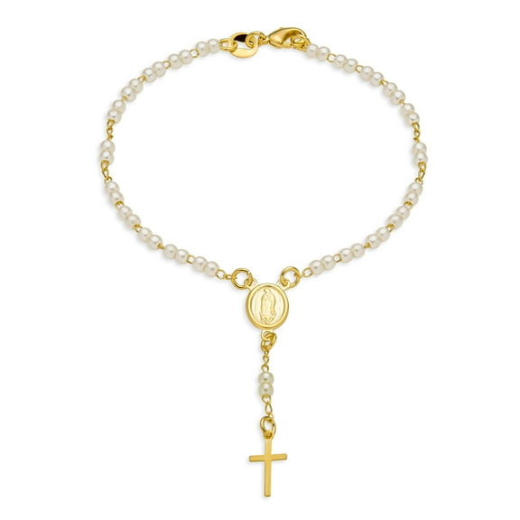 Bling Jewelry Womens Dainty White Pearl Rosary Bead Bracelet Cross 18KGold Plated