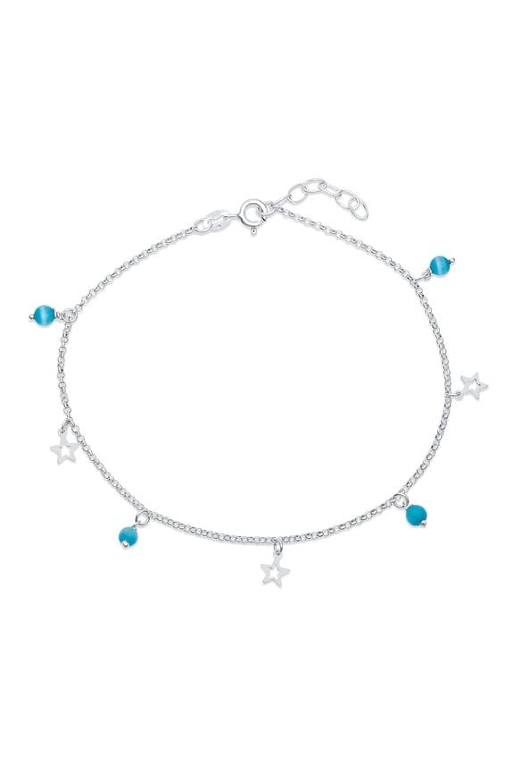Womens Dangle Aqua Blue Cats Eye Bead Anklet Ankle Bracelet Star Charms Sterling Silver
