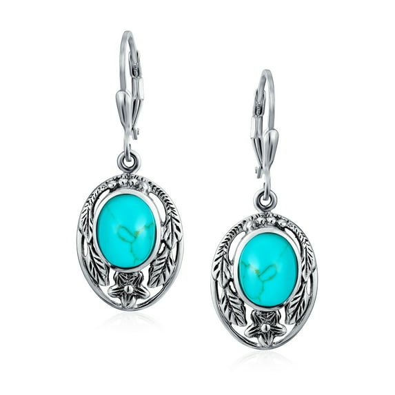 Bling Jewelry Womens Western Floral Bezel Set Stabilized Turquoise Dangle Earrings Sterling Silver