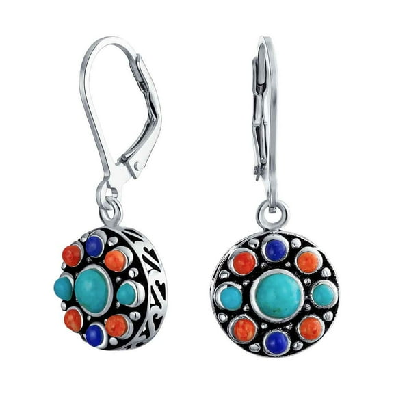 Bling Jewelry Womens  Dangle Gemstone Earrings with Lapis Turquoise and Coral in Silver