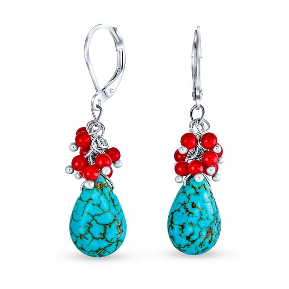 Bling Jewelry Womens  Dangle Gemstone Earrings Coral Turquoise Teardrop