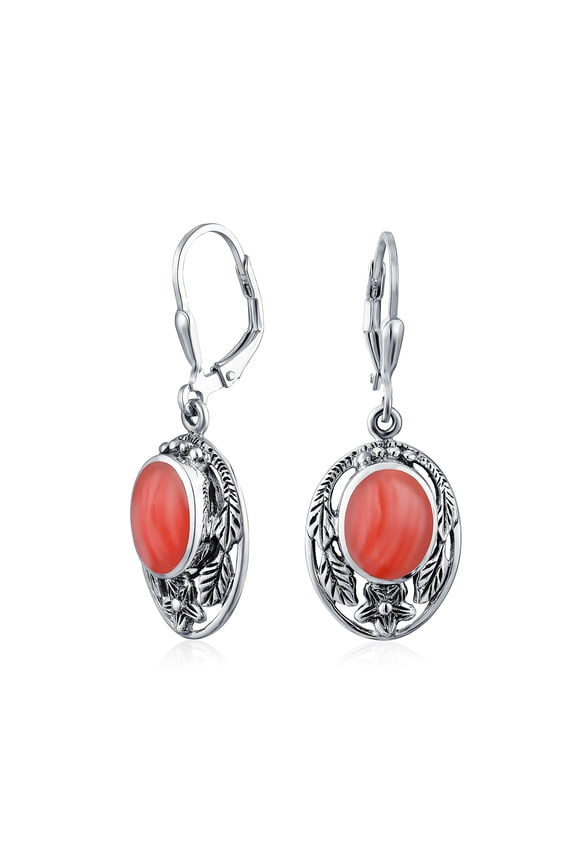 Womens Western Style Floral Bezel Set Pink Orange Coral Dangle Earrings .925 Sterling Silver