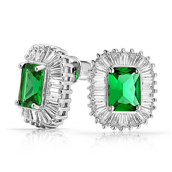 Bling Jewelry Womens Deco Style Green Rectangle CZ Stud Earrings Simulated Emerald Cut Silver Brass