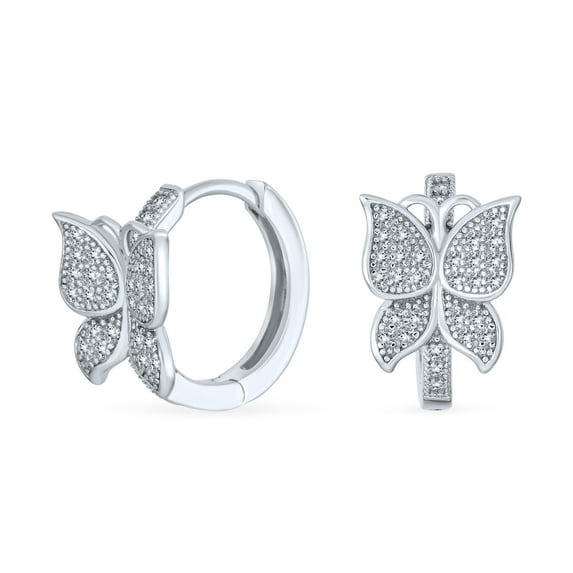 Bling Jewelry Womens Delicate Garden CZ Hoop Earrings 3D Butterfly Huggie Micro Pave Sterling Silver