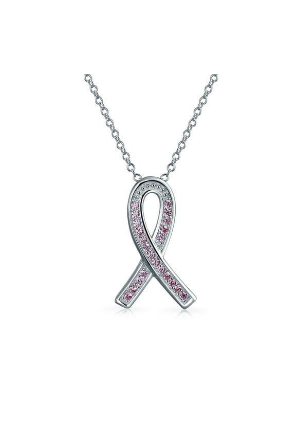 Womens Delicate Pink CZ Ribbon Breast Cancer Survivor Pendant Necklace Sterling Silver