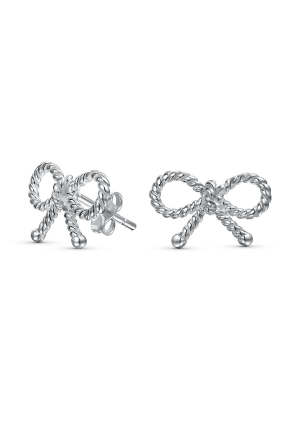 Womens Simple Dainty Thin Twist Rope Cable Ribbon Bow Stud Earrings Sterling Silver