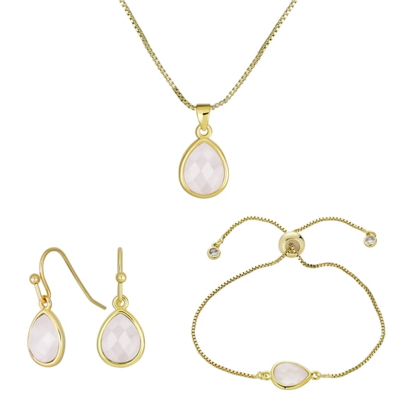 Bling Jewelry Womens Delicate Rose Quartz Jewelry Set Earrings Bracelet & Pendant in 18K Gold Plated