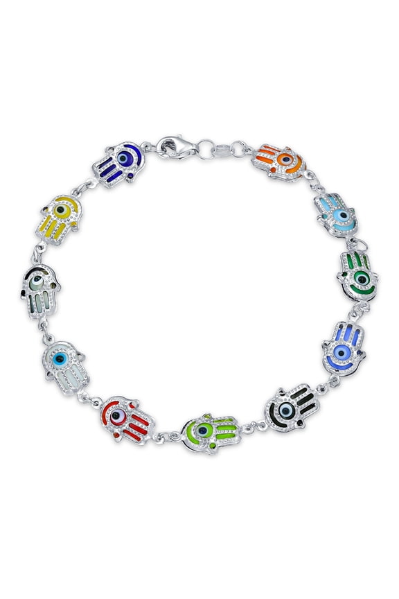 Womens Spiritual Colorful Hamsa Hand & Evil Eye Charms Strand Bracelet Sterling Silver