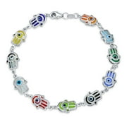 Bling Jewelry Womens Multi Color Hamsa Hand and Evil Eye Charm Bracelet .925 Sterling Silver