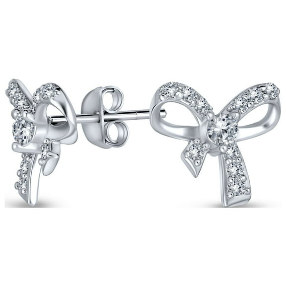 Bling Jewelry Womens Delicate Vintage Ribbon Pave CZ Stud Earrings, Small Bow, Sterling Silver Gift