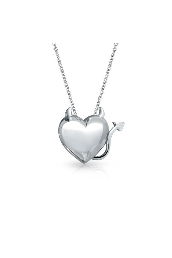 Womens Whimsical Devil Horns Heart Shape Pendant Necklace .925 Sterling Silver