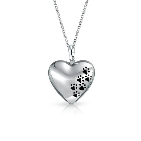 Bling Jewelry Womens BFF Animal Lover Paw Print Puff Heart Shape Pendant Necklace .925 Sterling Silver