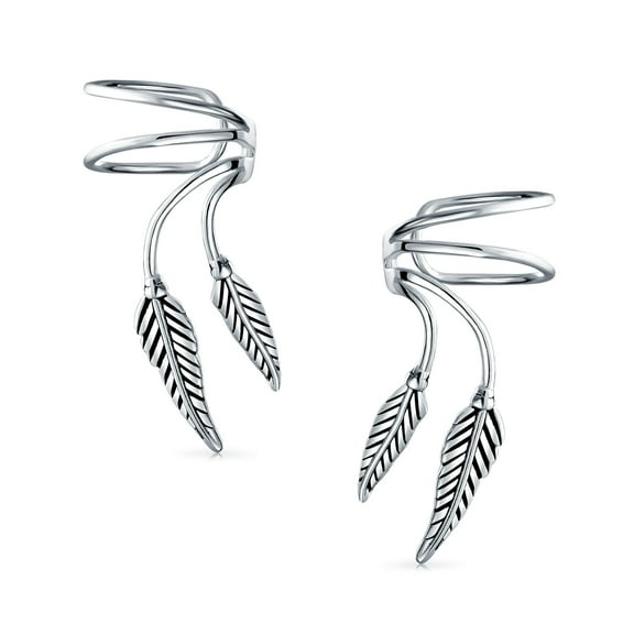 Bling Jewelry Womens Cartilage Double Leaf Feather Ear Cuffs Wrap for Non Pierced Earrings .925 Sterling Silver