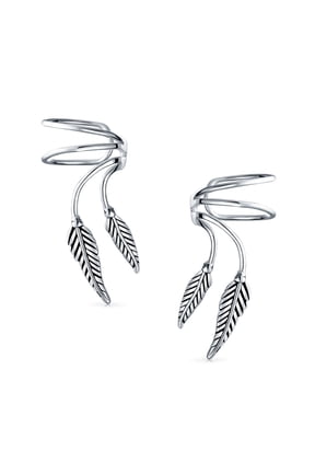 Womens Double Feather Leaf Cartilage Ear Cuffs Earrings Oxidized Sterling Silver