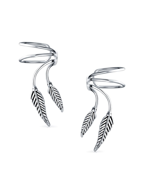 Womens Double Feather Leaf Cartilage Ear Cuffs Earrings Oxidized Sterling Silver