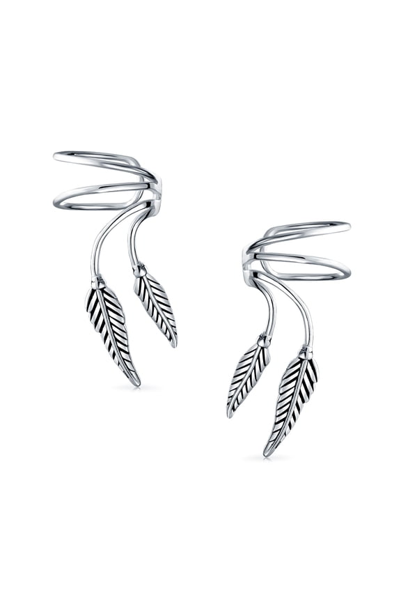 Womens Cartilage Double Leaf Feather Ear Cuffs Wrap for Non Pierced Earrings .925 Sterling Silver