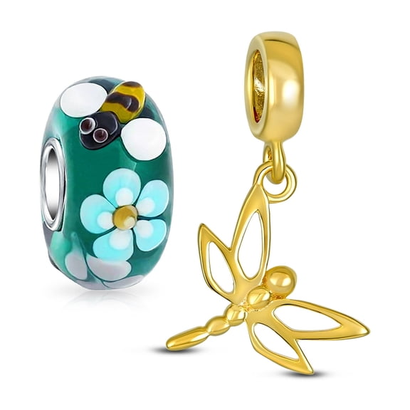 Bling Jewelry Womens Dragonfly Flower Glass Set Charm Bead Set for Bracelet .925 Sterling Silver