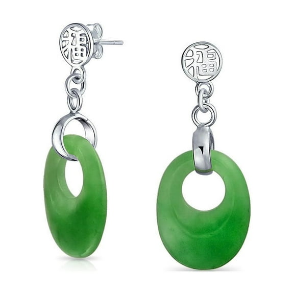 Bling Jewelry Womens Dyed Green Jade Good Fortune Dangle Gemstone Earrings in Sterling Silver